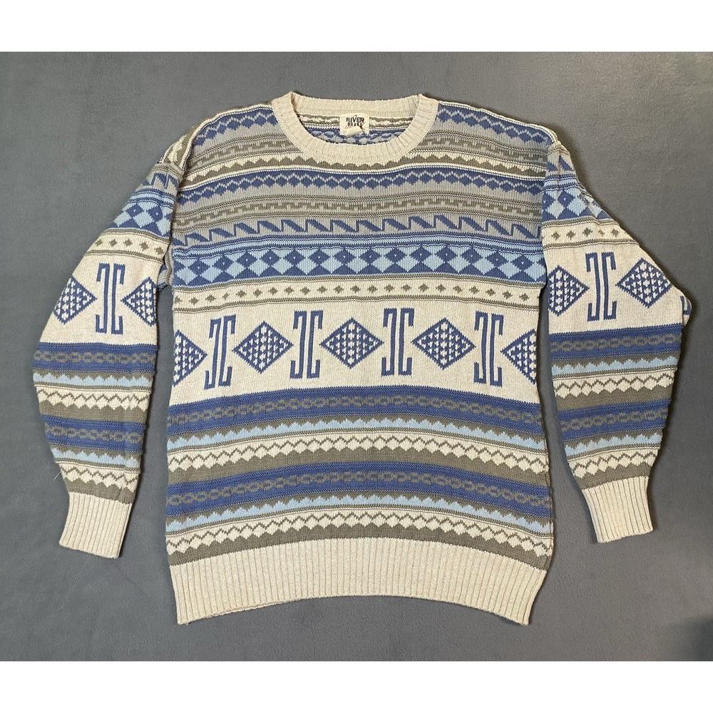 Chunky Knit Geometric Abstract Blue Beige Brown Sweater Men's M Women's L